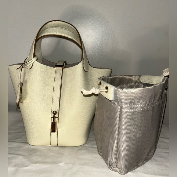 Picotin 18 PM Inspired Leather Bucket Bag Cream Ivory Nata White Gold Hardware - Picture 3 of 7